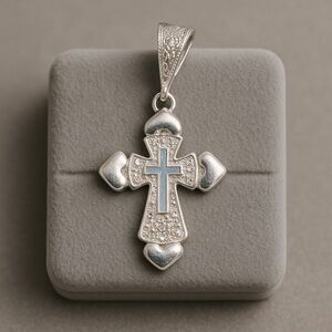 925 Sterling Silver Heart Accents Decorative Bail Cross Pendant 1.5" NWOT #368